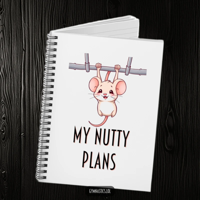 Funny mouse notebook with a mischievous mouse hanging upside down from uneven bars, smiling, for jotting down fun ideas.