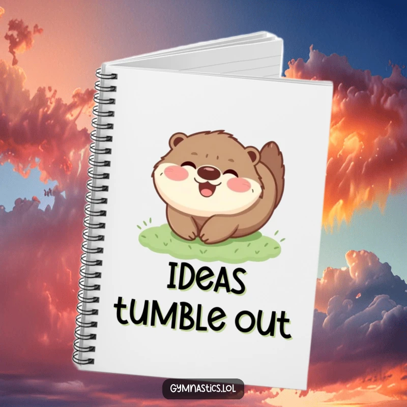 Funny notebook featuring a happy, fluffy otter tumbling on grass, perfect for jotting notes with a touch of animal humor.