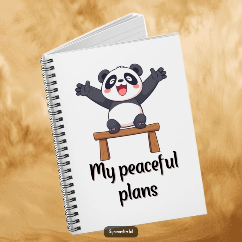 Funny notebook with a delighted panda balancing on a beam with outstretched arms, ideal for jotting notes.