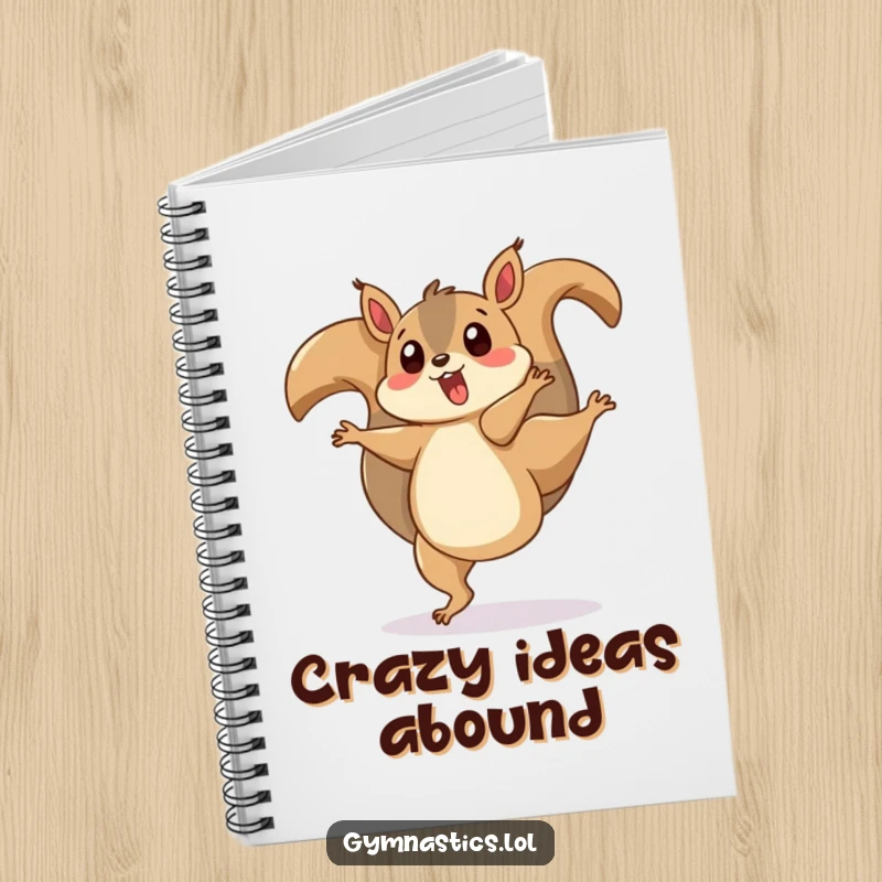 Funny notebook featuring a surprised squirrel doing a cartwheel with its tail twirling, perfect for jotting notes humorously.