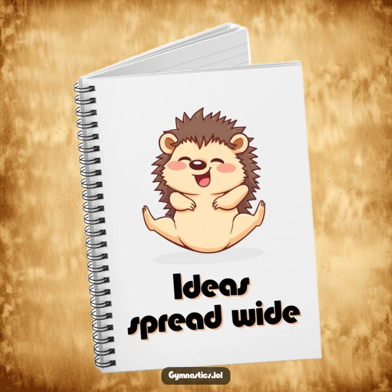 Funny hedgehog in a split pose on a notebook cover, ideal for journaling flexible thoughts.