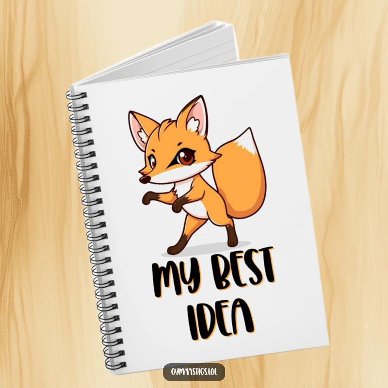 Funny notebook featuring a determined fox balancing on one leg, big eyes ready to capture your notes.
