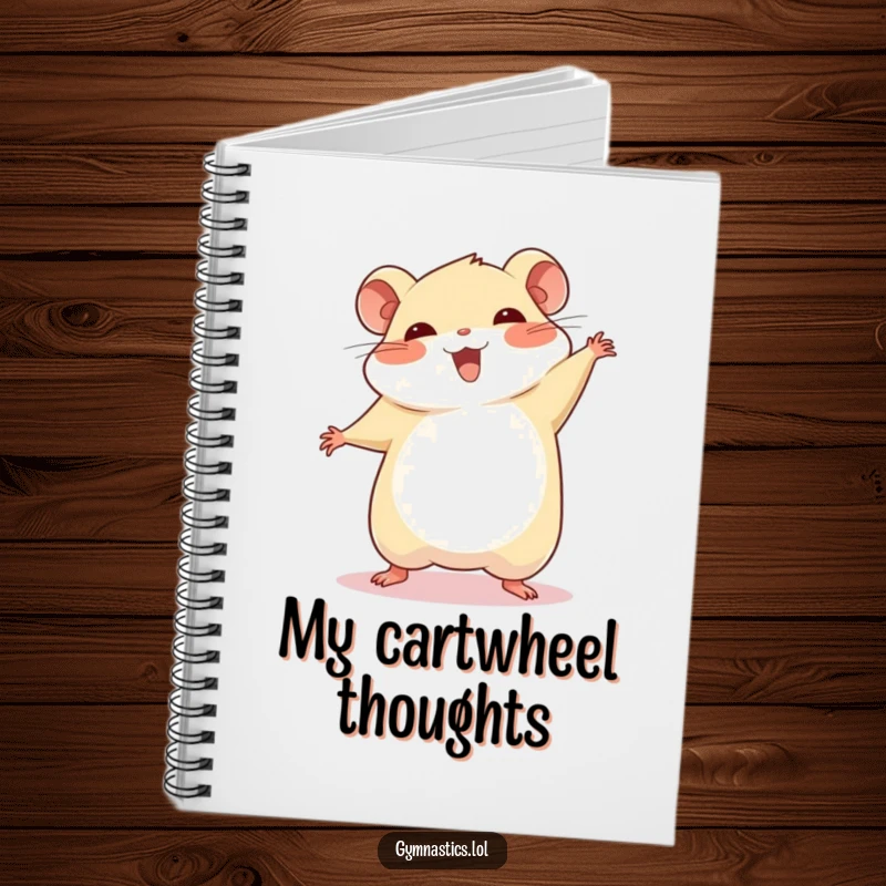Funny chubby hamster cartwheel notebook, showing a hamster mid-cartwheel with a proud smile, ready for your victorious thoughts.