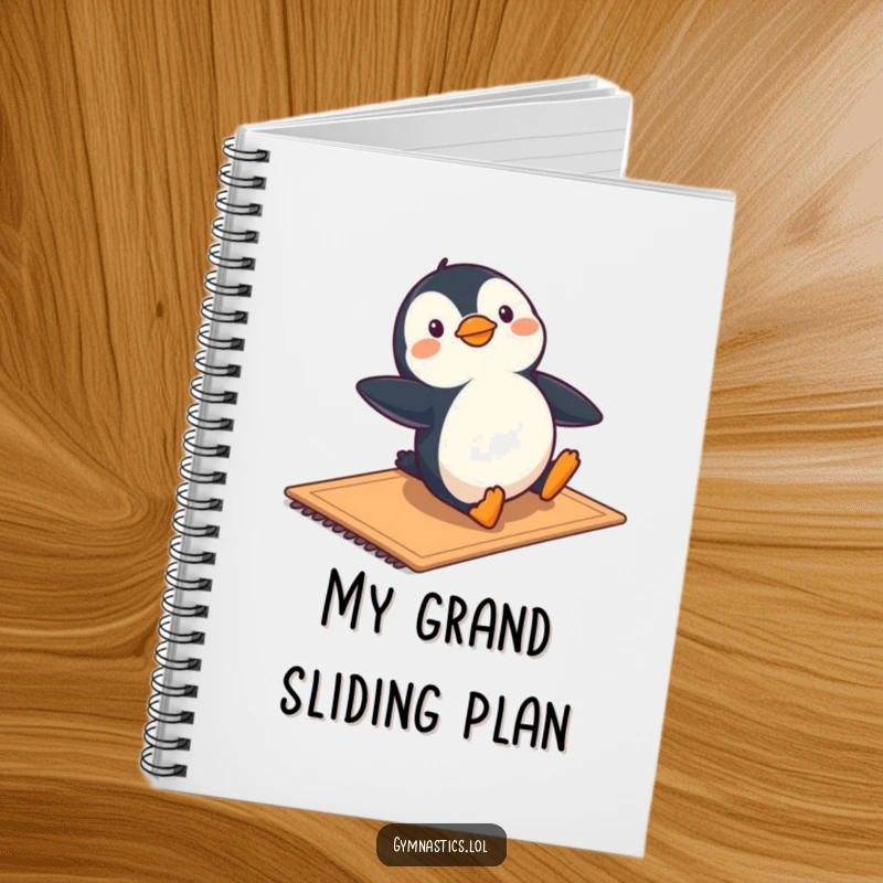 Funny notebook cover with a penguin sliding playfully on a mat, inspiring creative thoughts and lightheartedness.