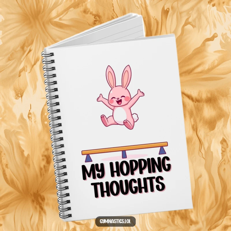 Funny bunny balance beam notebook cover with a pink bunny leaping high in the air with arms outstretched, for humorous note-taking.