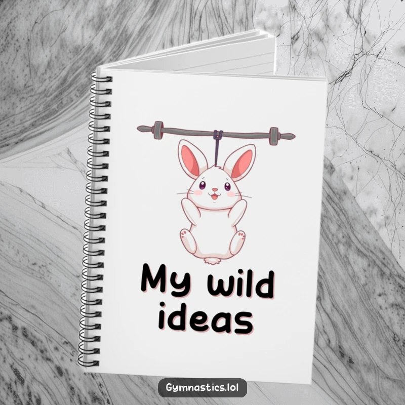 Funny rabbit notebook depicting a curious rabbit humorously hanging upside down from uneven bars, for jotting down ideas.