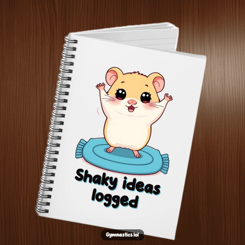Funny notebook cover with a plump hamster, wide eyes, attempting a shaky handstand on a small blue mat, inspiring creative fun.