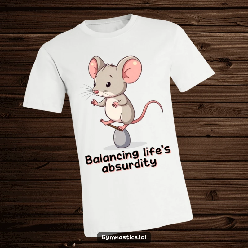 Funny T-Shirt: A determined mouse is captured mid-balance, standing tall and proud on a single toe, exuding comic determination.