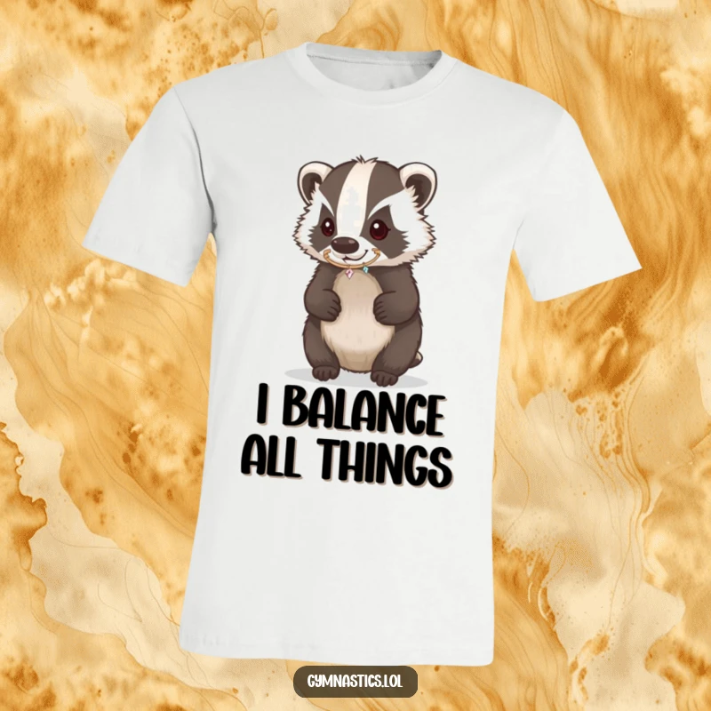 Funny Badger T-Shirt illustrating a determined badger balancing a tiny, sparkling hoop perfectly on its nose, showcasing quirky focus.