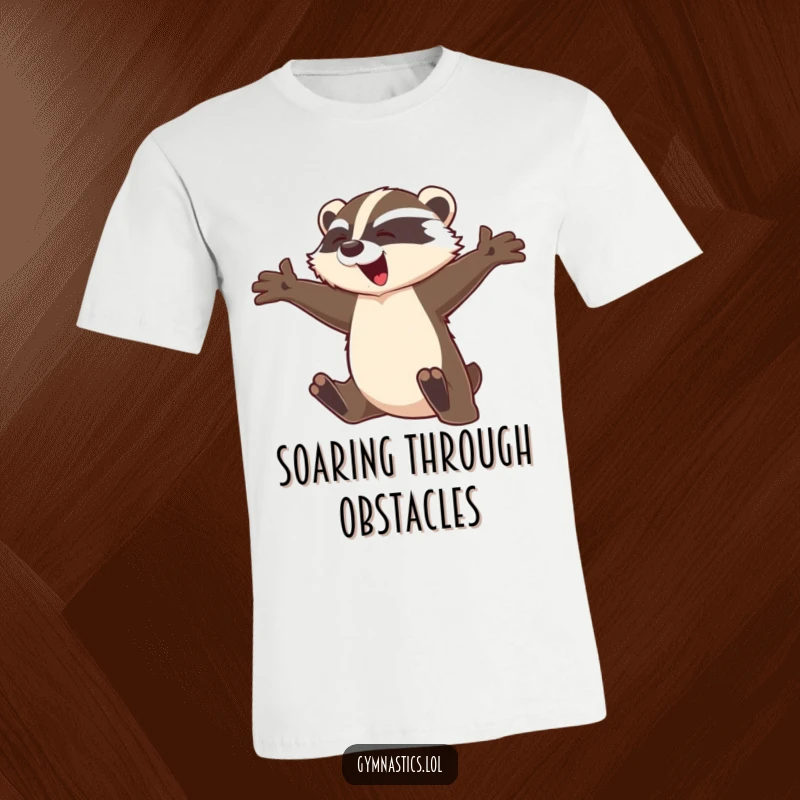 Funny badger t-shirt featuring a graceful badger leaping mid-flight with arms outstretched, conveying a sense of joyous freedom and expression.