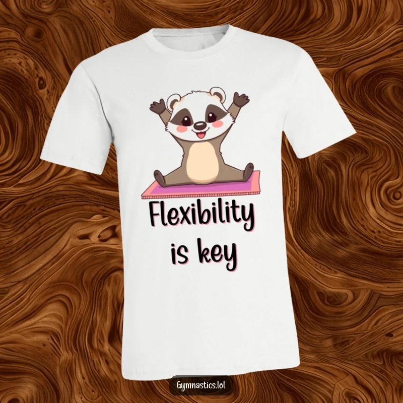 Funny Badger T-Shirt: A cheerful badger does a split on a colorful gymnastics mat, capturing flexibility humor and perfect for a fun funny gift.