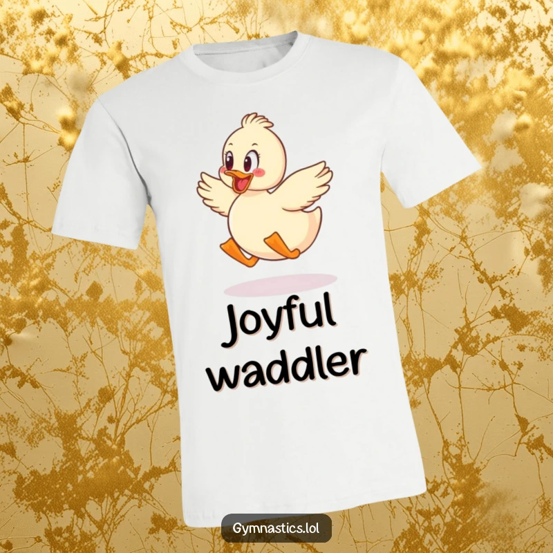 Funny duck in mid-air, waddling with glee during a jump, printed on a t-shirt for humorous fun.