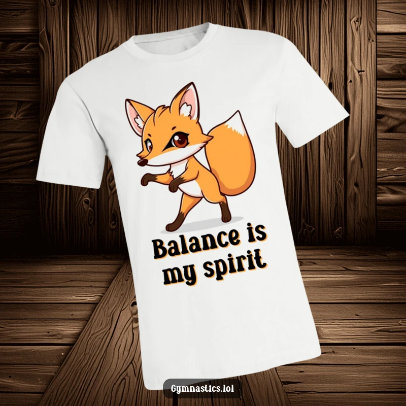 Funny t-shirt with a determined fox striking a comical one-legged balancing pose, big eyes conveying intense focus.