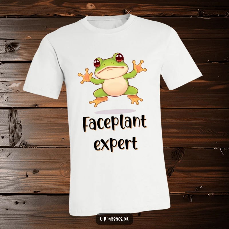 Funny frog t-shirt with a leaping frog landing comically on its nose, capturing the essence of clumsy determination.