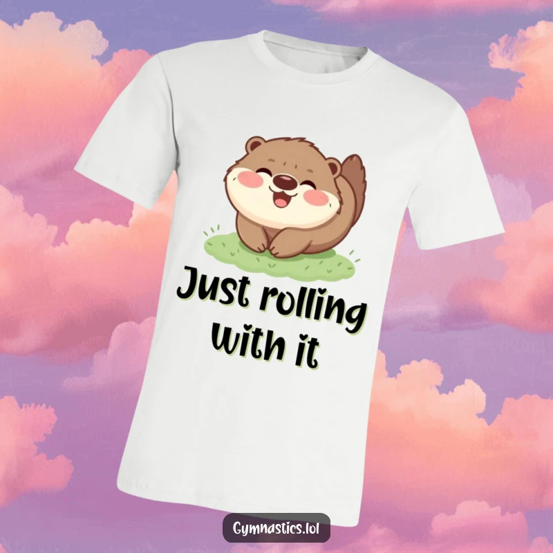 Funny t-shirt showcasing a happy, fluffy otter doing a joyful tumble on grass, a delightful and humorous depiction of pure animal bliss.
