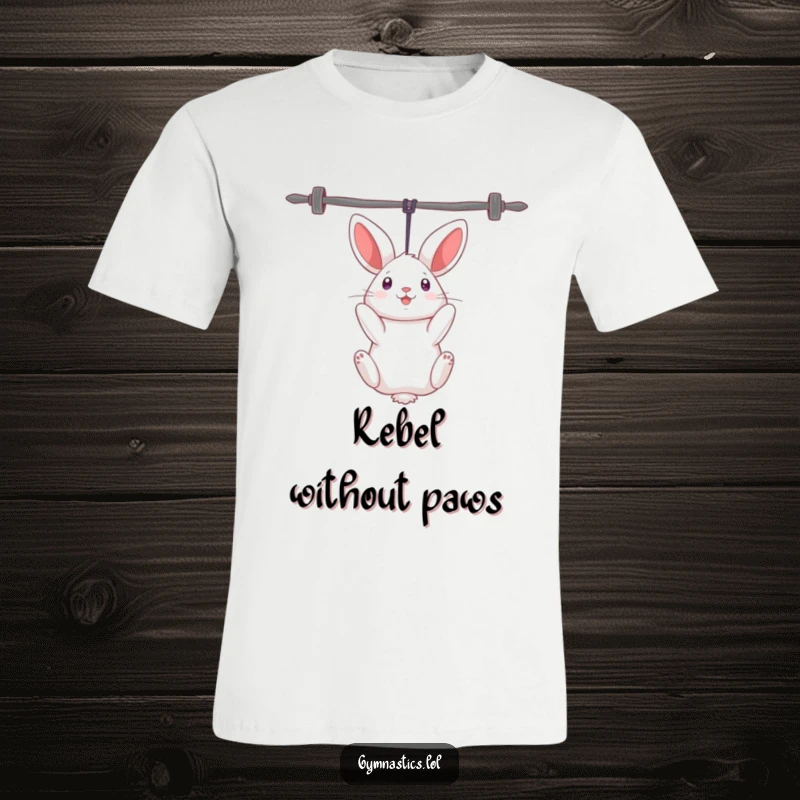 Funny rabbit t-shirt featuring a curious rabbit humorously hanging upside down from uneven bars, demonstrating playful gymnastic skill.