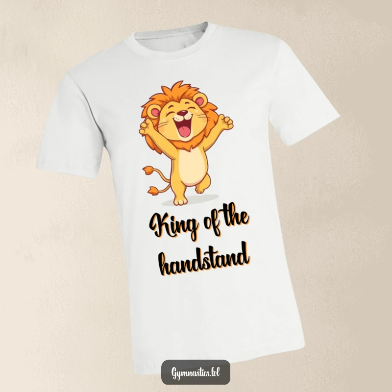 Funny lion t-shirt with a proud lion doing a handstand, roaring with immense glee, a true king of comedy.