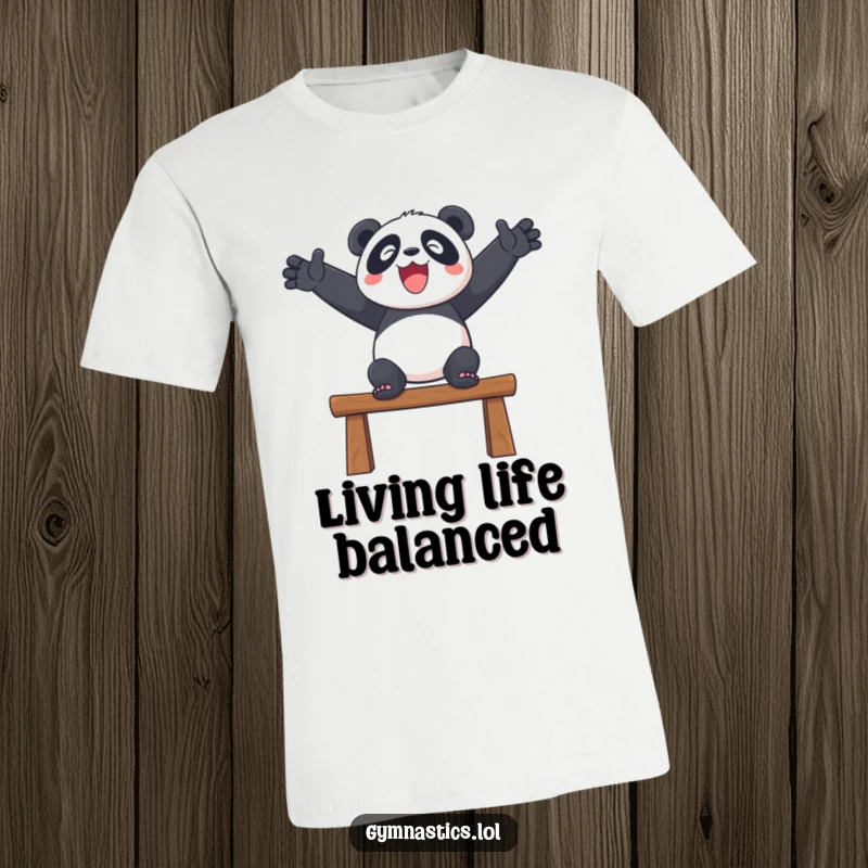 Funny t-shirt depicting a delighted panda balancing gracefully on a beam with outstretched arms, exuding peace.