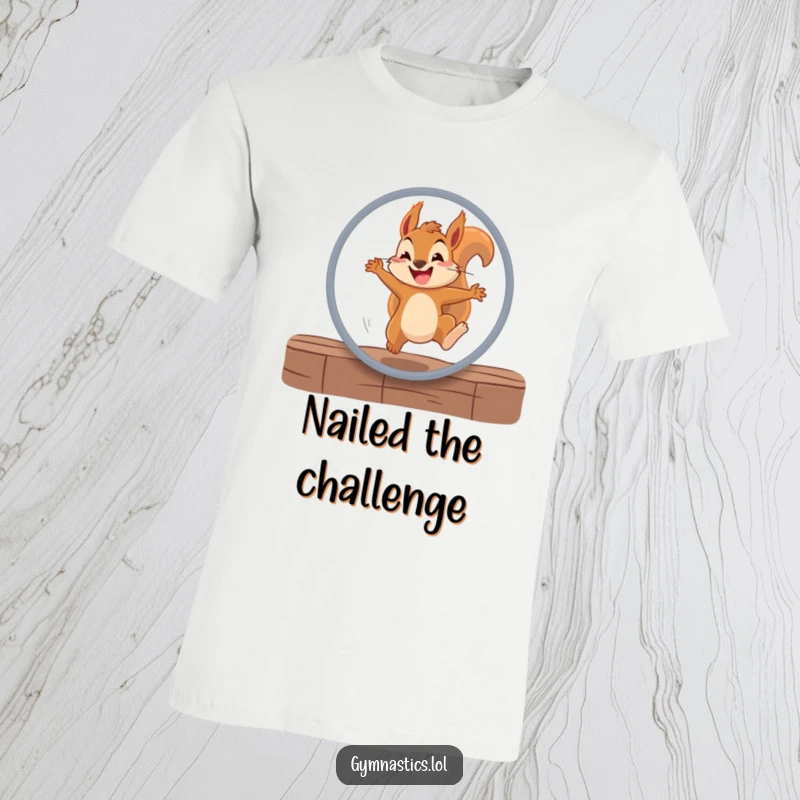 Funny squirrel t-shirt featuring a determined squirrel jumping through a hoop with a happy grin, celebrating accomplishment and fun.
