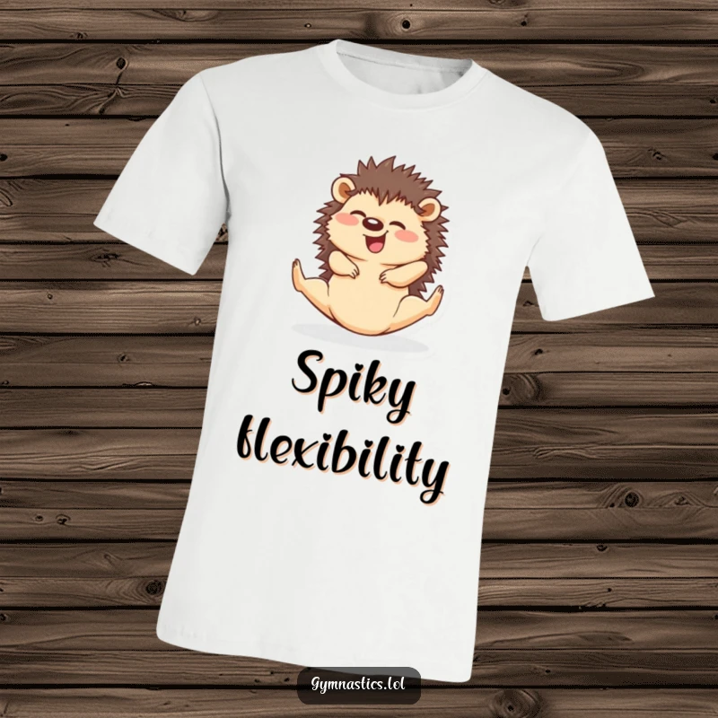 Funny hedgehog in a full split, giggling with joy, printed on a t-shirt for humorous flexibility.
