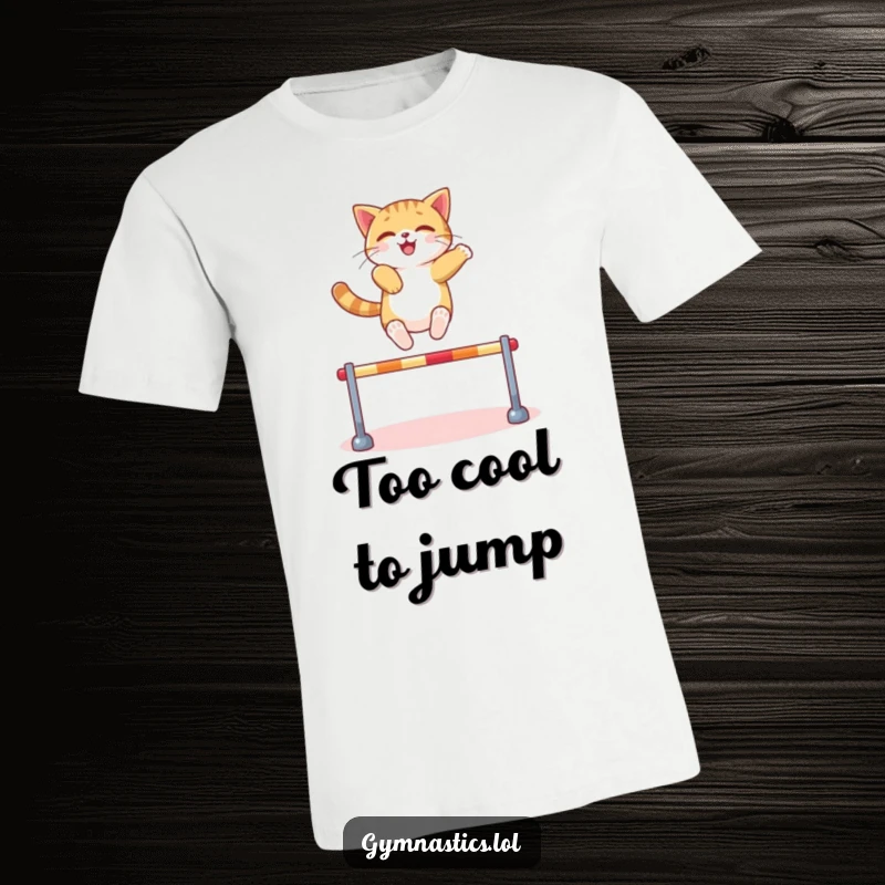 Funny Cat T-Shirt: A confident cat leaps over a miniature hurdle with ease, capturing athletic humor and perfect for a mischievous funny gift.