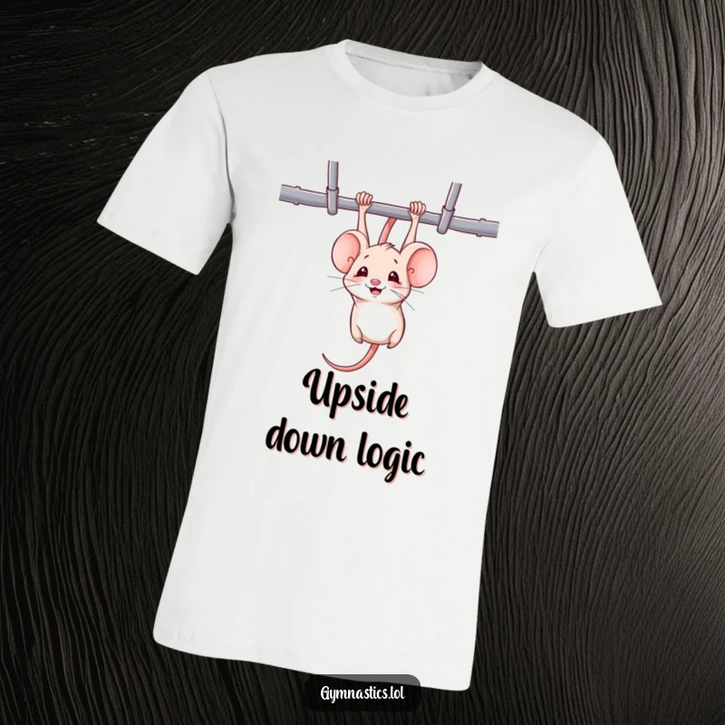 Funny mouse t-shirt featuring a mischievous mouse hanging upside down from uneven bars, smiling with playful gymnastic energy.