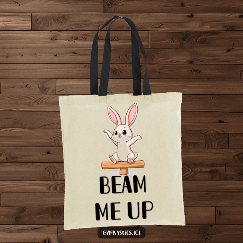 Funny bunny tote bag showing a curious bunny stretching on a balance beam, looking upwards, ideal for carrying essentials with a playful flair.