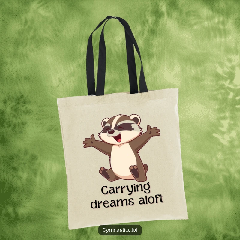 Funny badger tote bag featuring a graceful badger leaping mid-flight with arms outstretched, a humorous and practical accessory for daily use.