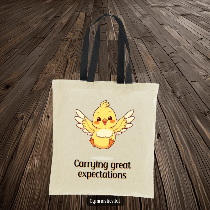 Funny chick mid-jump, wings spread, landing with humor on a durable tote bag, great for shopping.