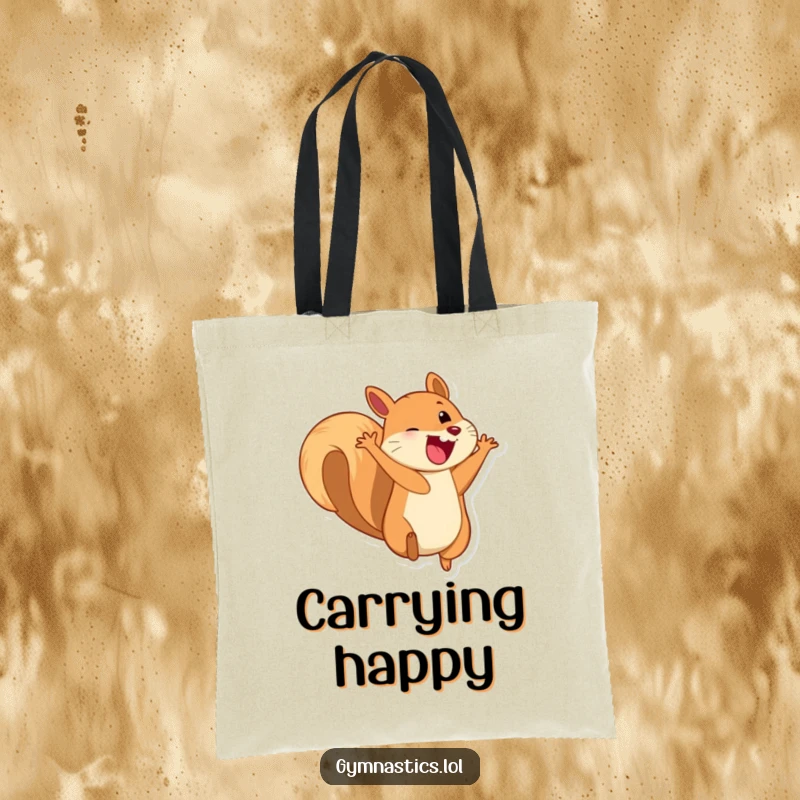 Funny tote bag showcasing a playful squirrel in mid-somersault, its huge grin promising a fun day out.