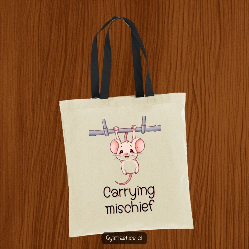 Funny mouse tote bag with a mischievous mouse hanging upside down from uneven bars, smiling, great for carrying fitness humor.