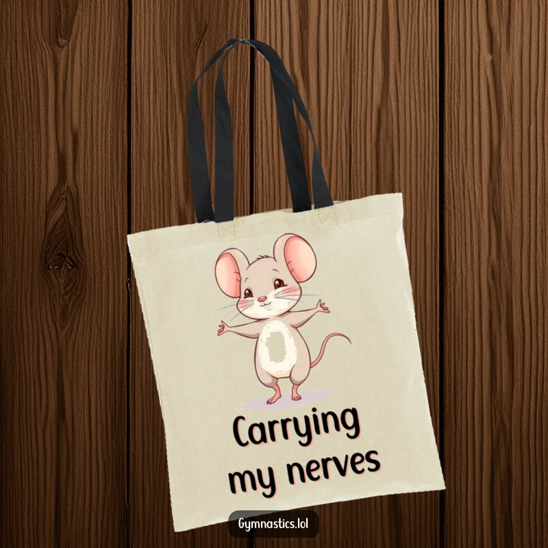 Funny shy mouse doing a shaky pirouette on a tote bag, a stylish and humorous accessory for daily use.