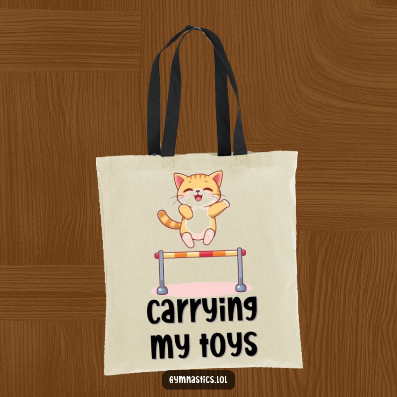 Funny Cat Tote Bag: A confident cat leaps over a miniature hurdle with ease, ideal for carrying essentials with athletic humor, a fun funny gift.