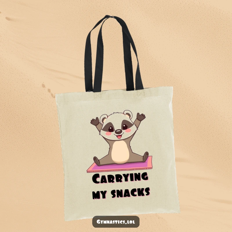 Funny Badger Tote Bag: A cheerful badger does a split on a colorful gymnastics mat, ideal for carrying cheer with flexibility, a fun funny gift.