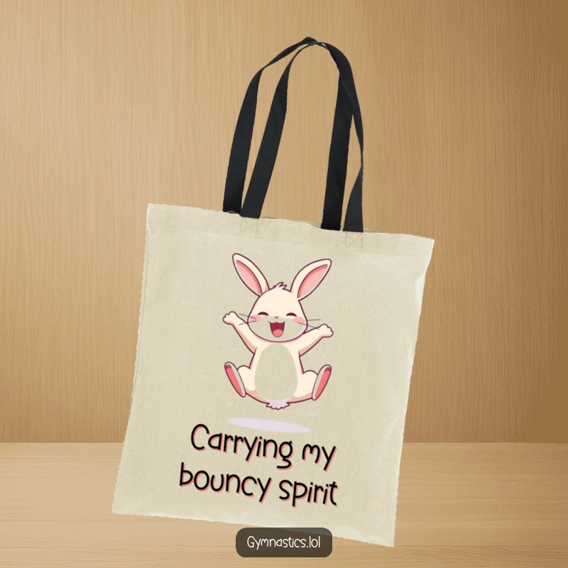 Funny tote bag with a bouncy rabbit performing a cartwheel with sheer joy, perfect for carrying items with playful flair.
