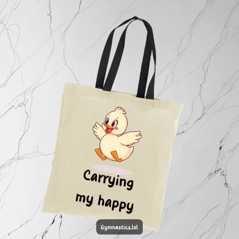 Funny duck waddling and jumping with glee on a tote bag, showcasing its humorous delight.