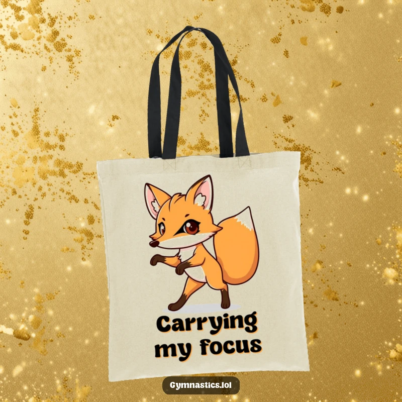 Funny tote bag featuring a determined fox standing on one leg, eyes wide, ready to carry all your treasures.