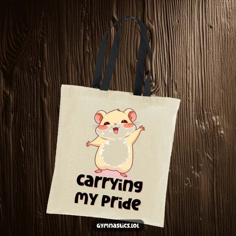 Funny chubby hamster cartwheel tote bag, showing a hamster mid-cartwheel with a proud smile, perfect for carrying your essentials with flair.