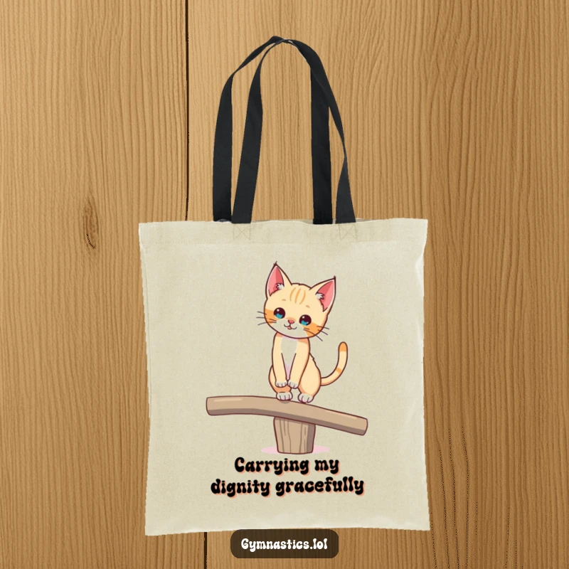 Funny tote bag featuring a determined kitten masterfully balancing on a beam, tail held high, a humorous and stylish accessory.