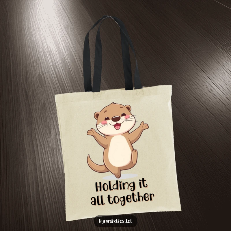 Funny otter tote bag featuring a happy otter balancing on one hand, legs in the air, a humorous and practical accessory for carrying goods.