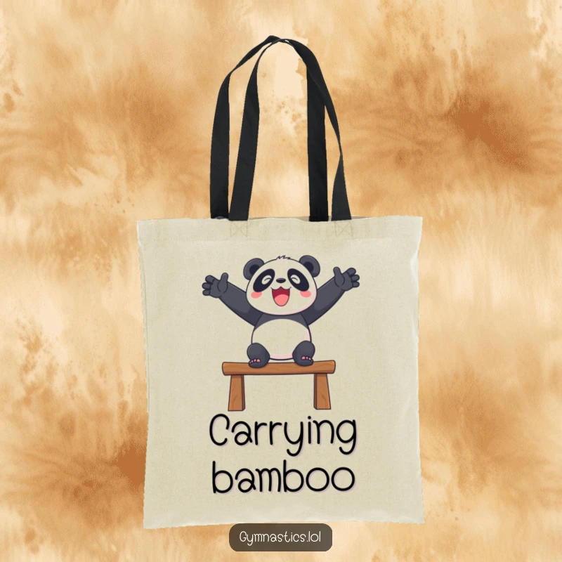 Funny tote bag featuring a delighted panda balancing on a beam with outstretched arms, ideal for shopping.