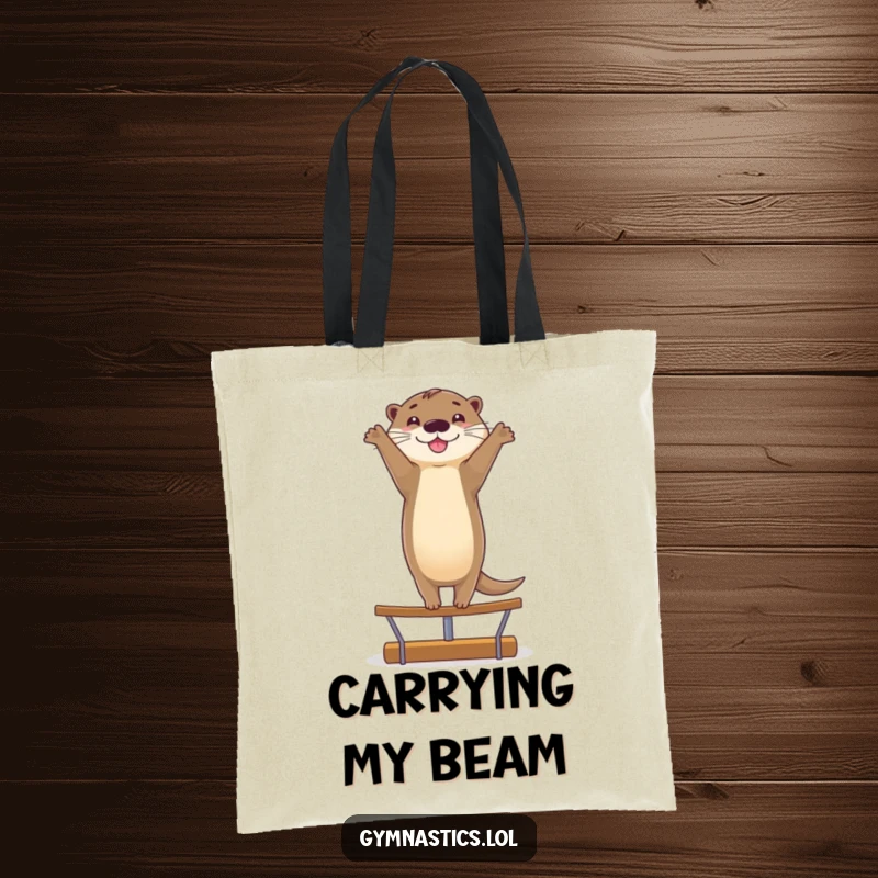 Funny tote bag with a smiling otter doing a graceful handstand on a balance beam, perfect for carrying items with playful flair.