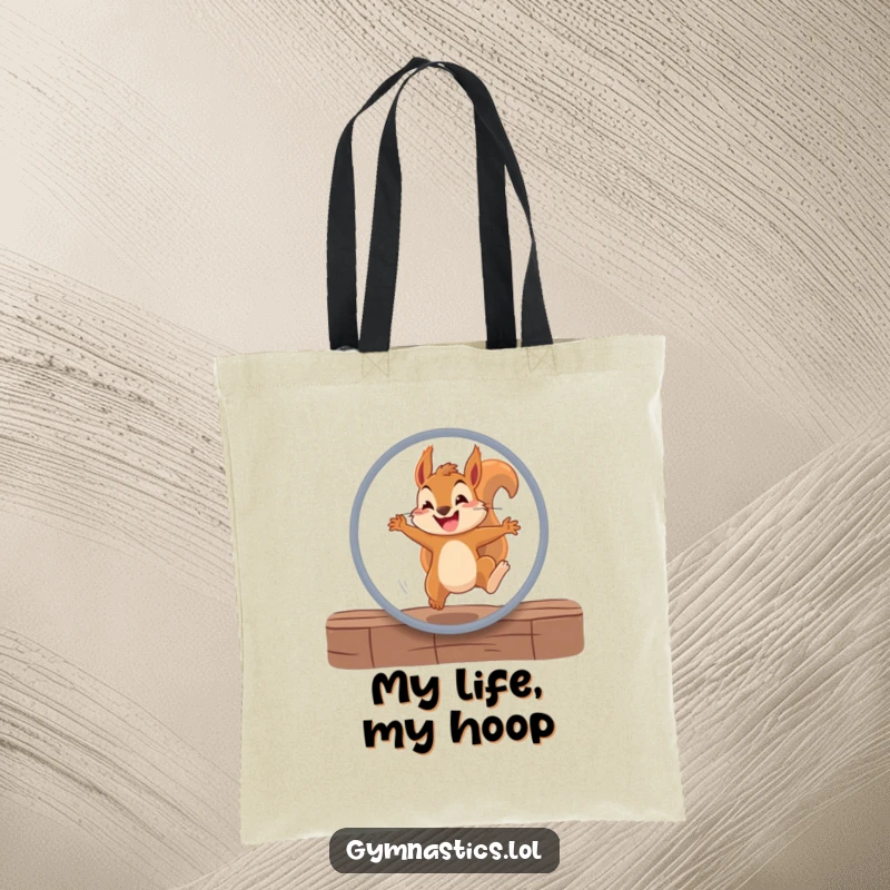 Funny squirrel tote bag featuring a determined squirrel jumping through a hoop with a grin, a humorous and practical accessory.