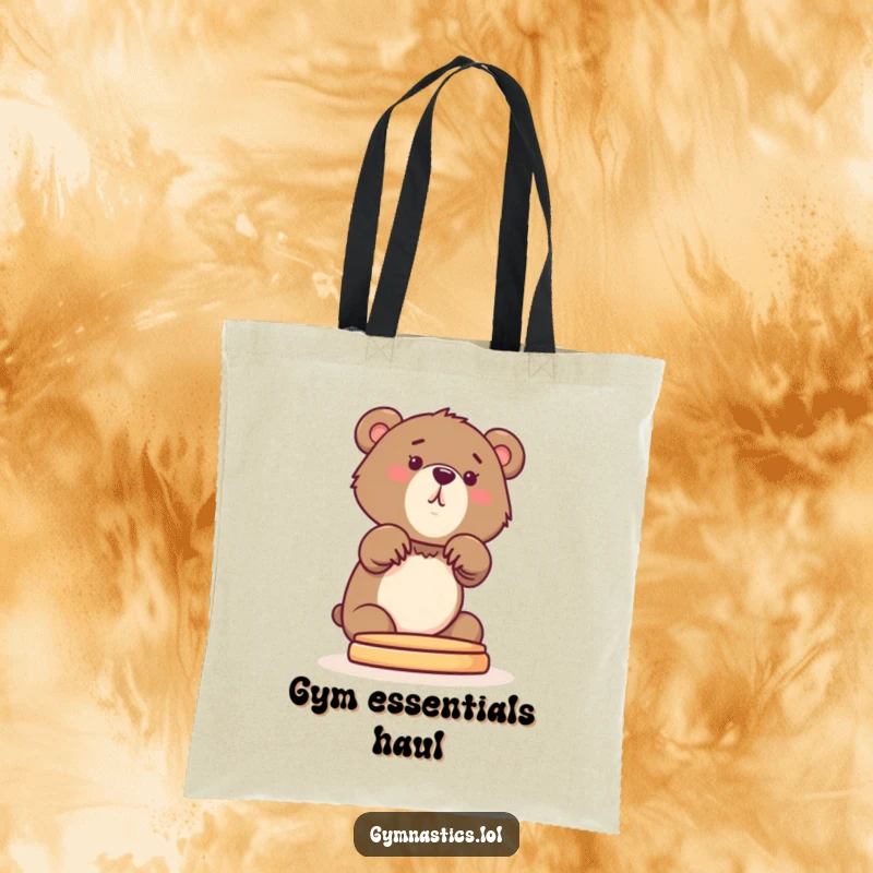 Funny Bear Cub Tote Bag showcasing a curious cub stretching its front paws onto a pommel horse, a perfect shopper.
